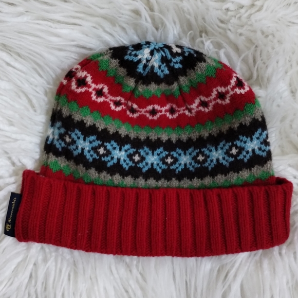 100% Lambs Wool Hat Beanie Fair Isle ABERCROMBIE Red - Picture 5 of 11